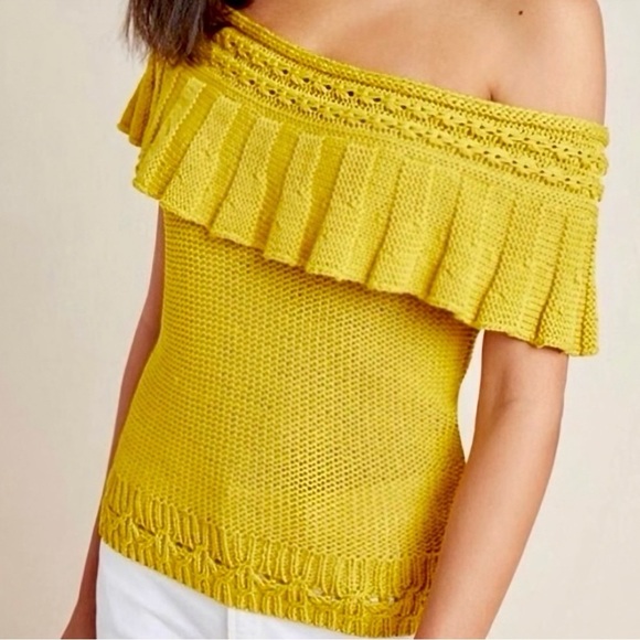 Anthropologie Sweaters - Anthropologie Mustard Yellow Ruffled Off-The-Shoulder Crocheted Sweater Size XS